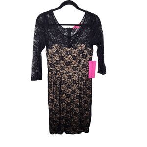 Betsey Johnson Womens SZ 8 Mini Black‎ Dress w Cream Lining/Sequins Lace LBD NWT